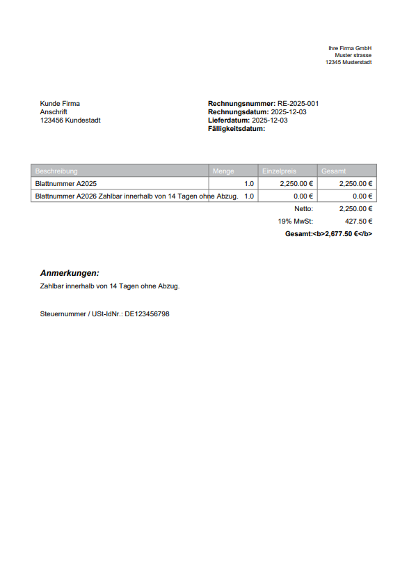 Beispiel einer mit RechnungRabbit erstellten Rechnung
